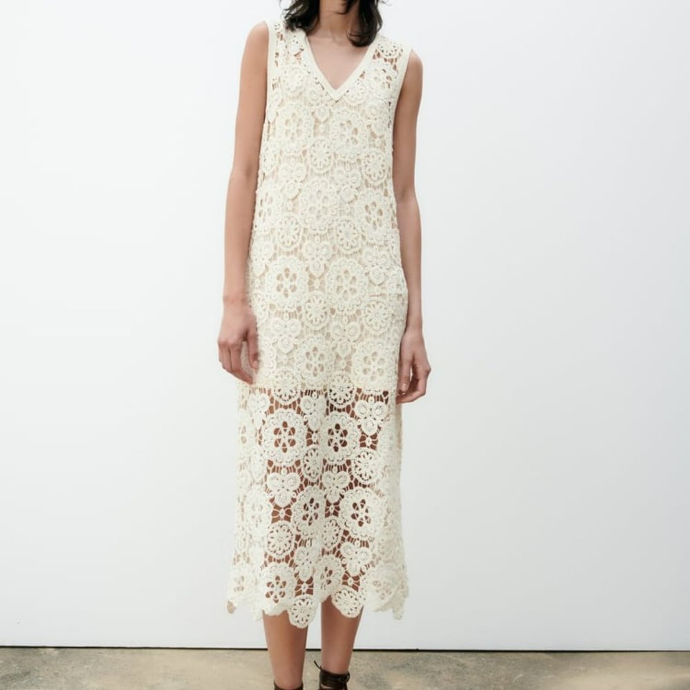 NWT Zara MACRAMÉ KNIT DRESS White Sz S